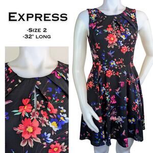Express Minidress 2 Fit & Flare Sleeveless Black & Bright Floral Keyhole Neck